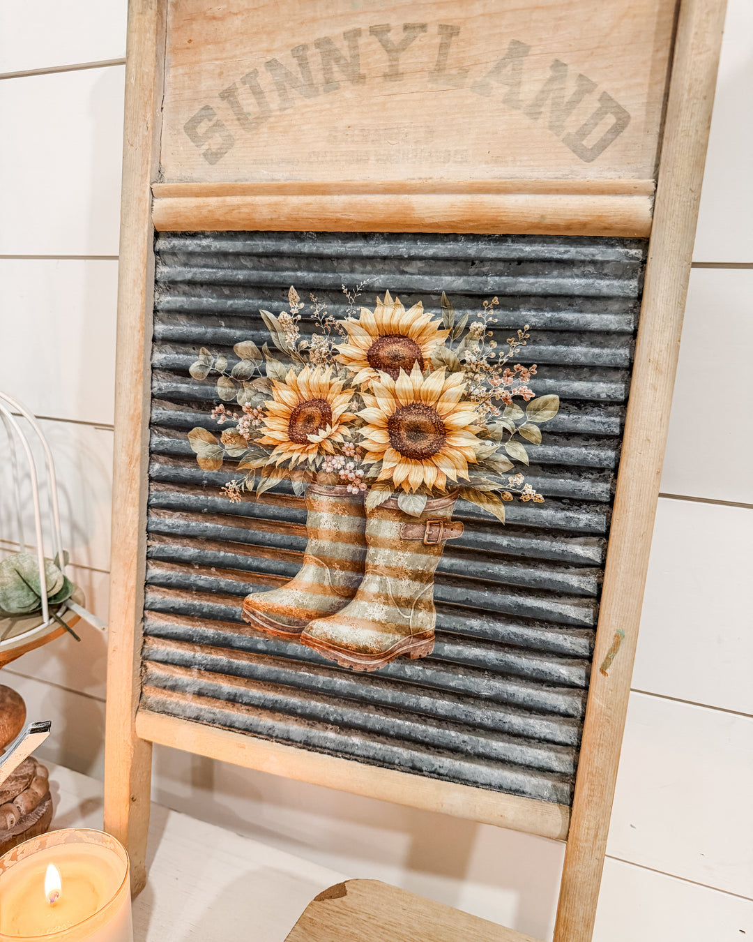 Golden Harvest - Sunflowers with Boots Rub On Transfers