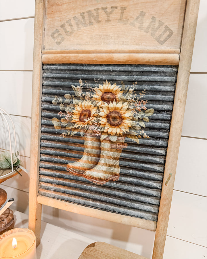 Golden Harvest - Sunflowers with Boots Rub On Transfers