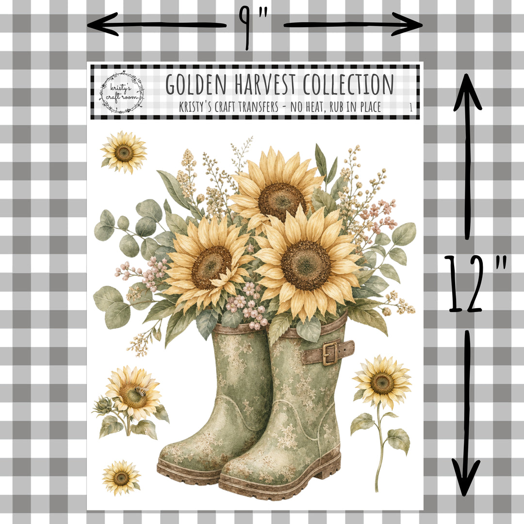 Golden Harvest - Sunflowers with Boots Rub On Transfers - 1
