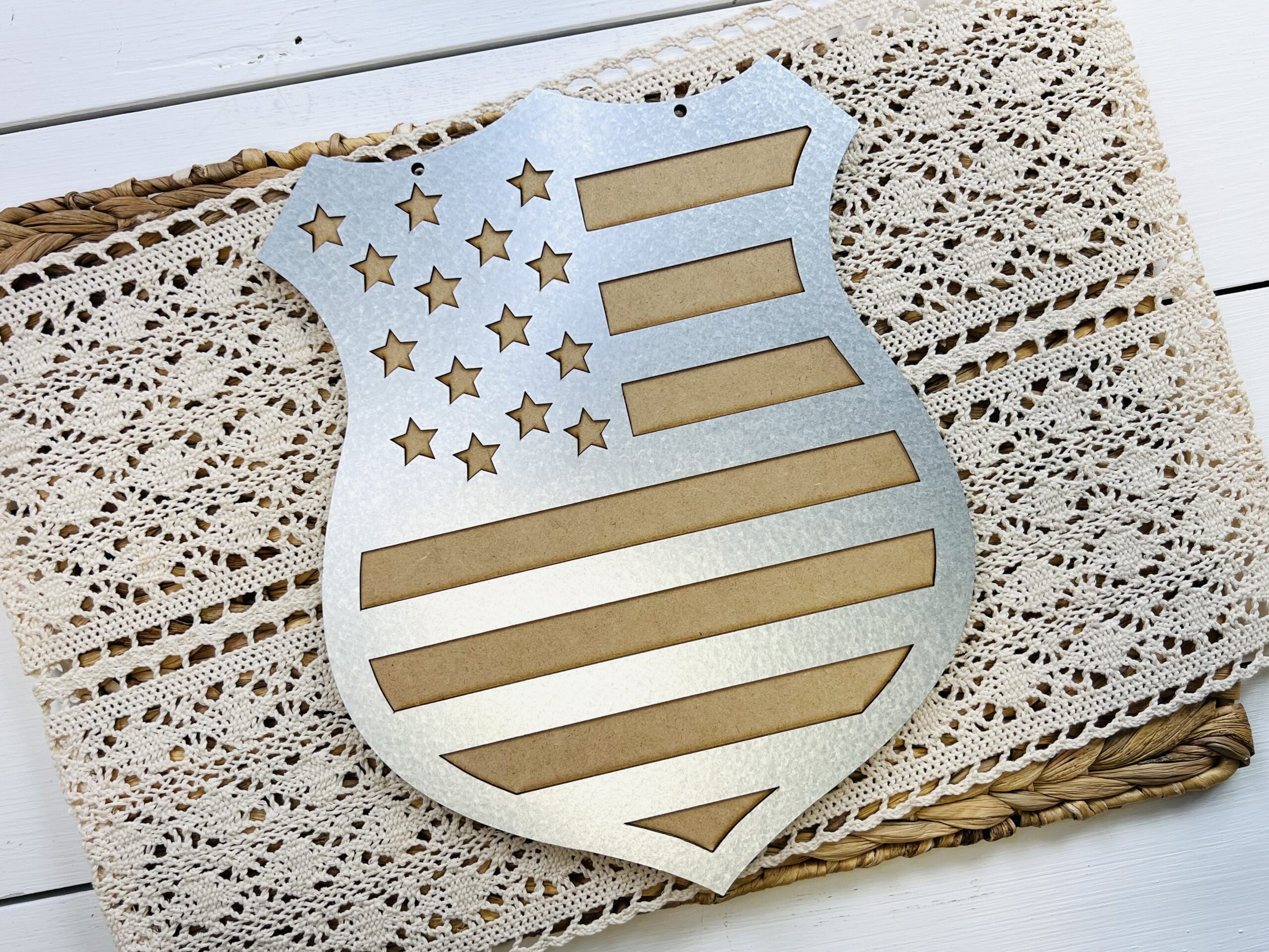 Police badge wood shape with a metal overlay that is easy to paint for a hanger for crafting and diy projects