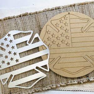 Fire fighter wood shape with a metal overlay that is easy to paint for a hanger for crafting and diy projects