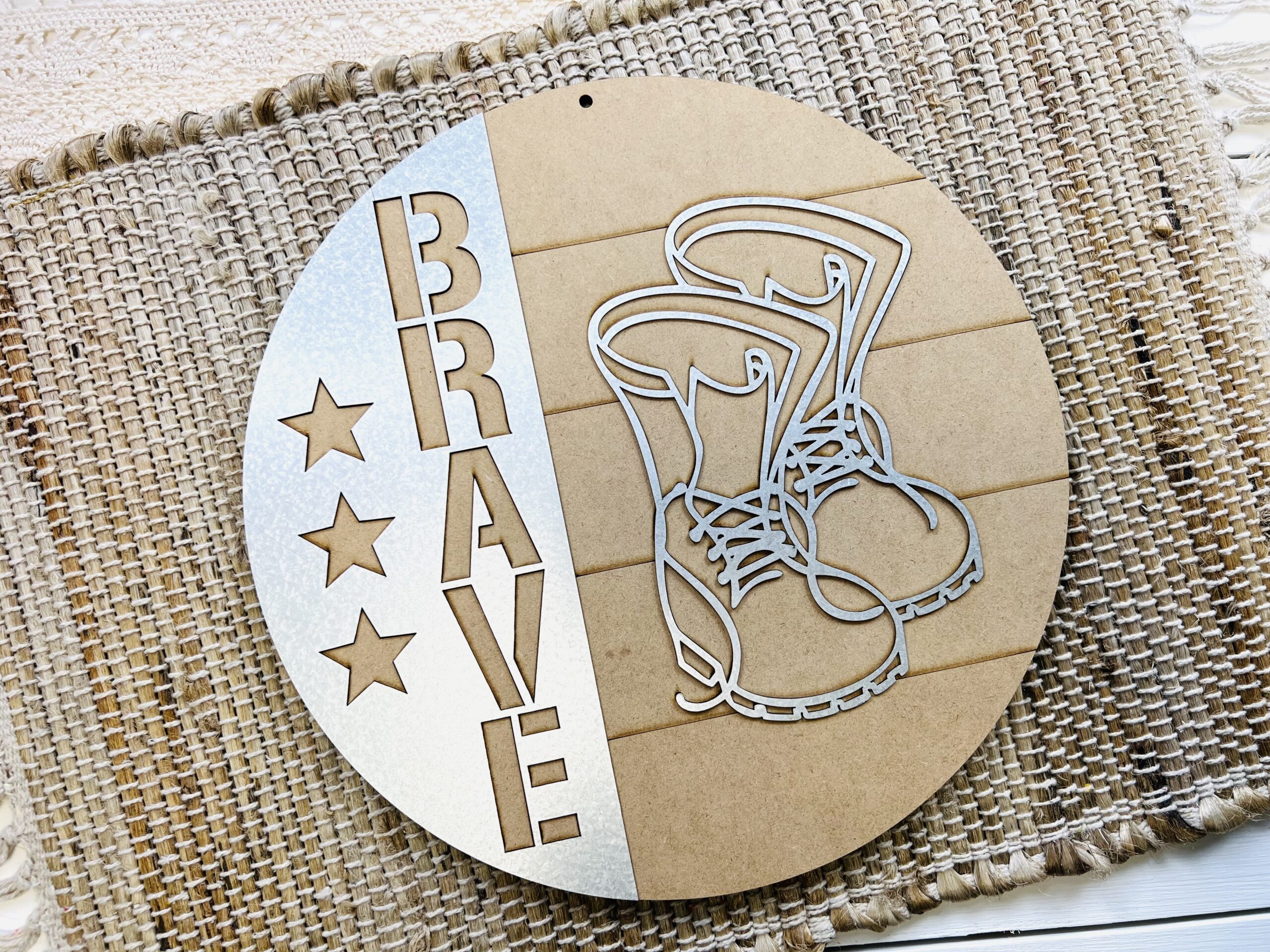 Military wood shape with a metal overlay that is easy to paint for a hanger for crafting and diy projects