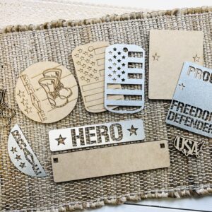 Military wood shapes for tiered trays with a metal overlay that is easy to paint for for crafting and diy projects