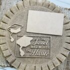 This is a wood cutout set for crafting. This wood cutout set includes individual pieces that can be assembled together to create a graduation themed craft